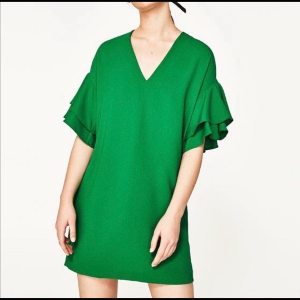 ZARA Green with Ruffled Sleeves Dress
